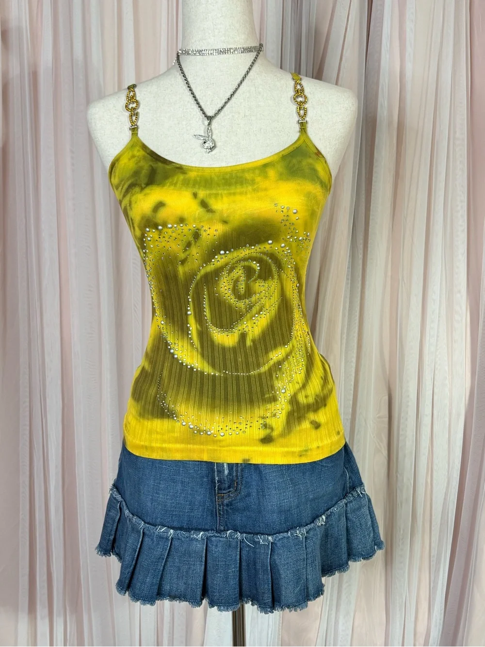 Yellow Rose-Print Chain-Strap Rhinestone Tank Top - Picture 9 of 10